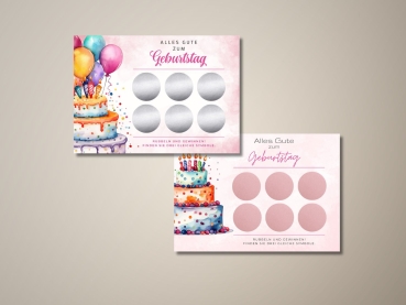 Personalisierbare Rubbelkarten zum Geburtstag mit bunter Torte, Luftballons und sechs Rubbelfeldern. Zwei Varianten mit Rubbelstickern in Silber und Roségold auf rosa Aquarell-Hintergrund. Text: „Alles Gute zum Geburtstag – Rubbeln und gewinnen“.